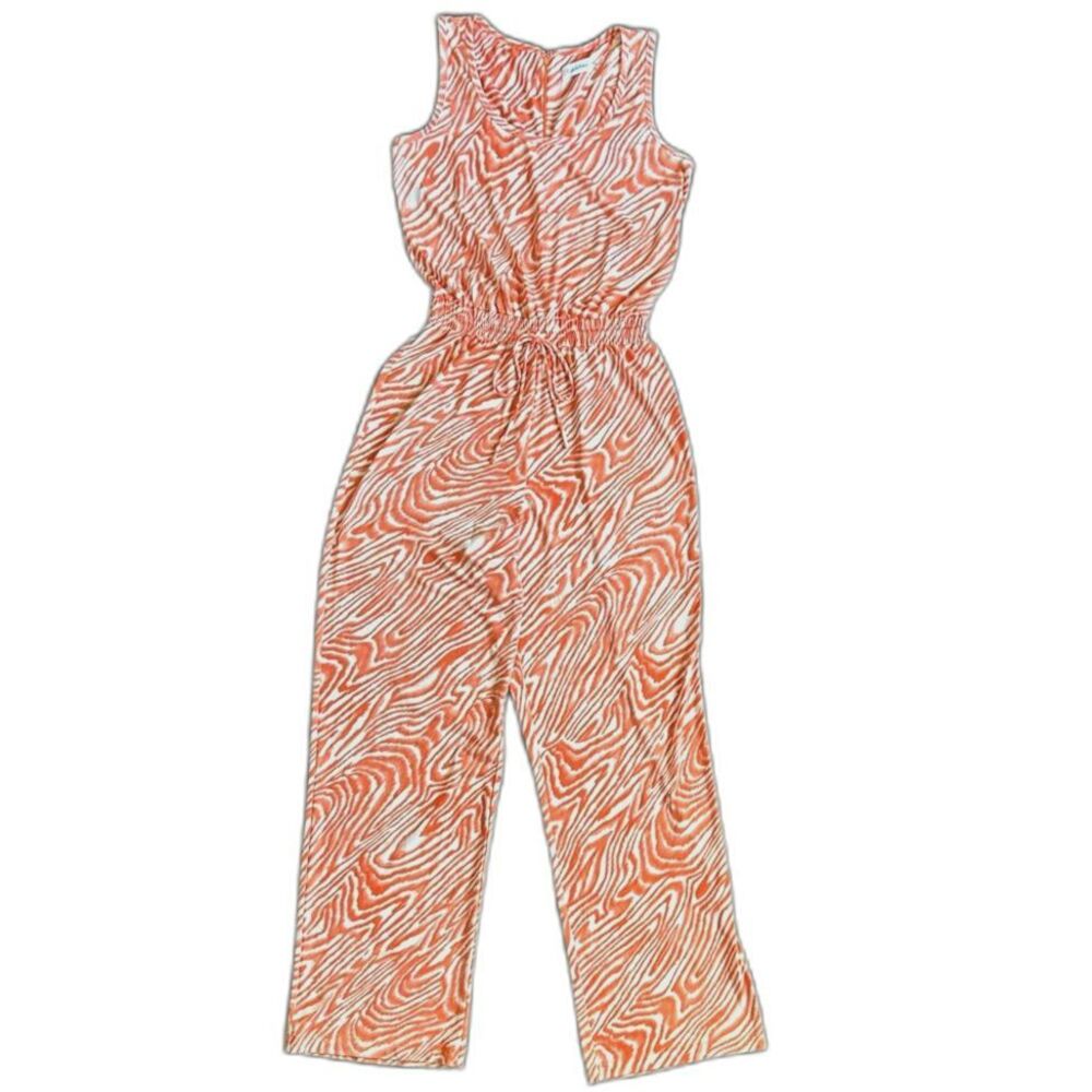 CK Tie Waist Jumpsuit Orange Swirl Abstract Zebra Palazzo Romper Size 8 Stretchy - Picture 2 of 9